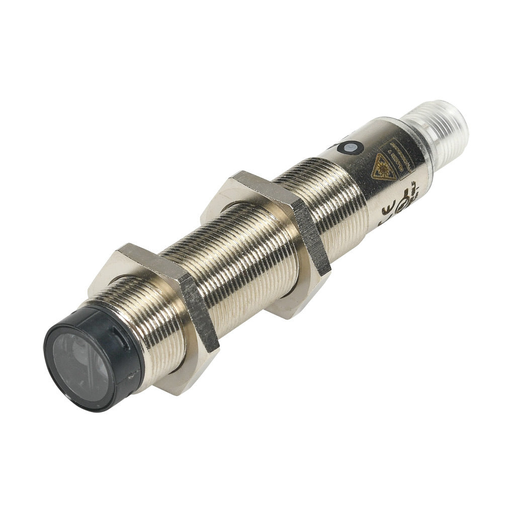 AchieVe photoelectric sensor, tubular, threaded, diffuse, Class 1 red laser, 0-300mm sensing distance, complementary light-on/dark-on, NPN, teach-in button, 1 kHz switching frequency, nickel-plated brass housing, 4-pin M12 quick-disconnect.-FKL4-BN-1E