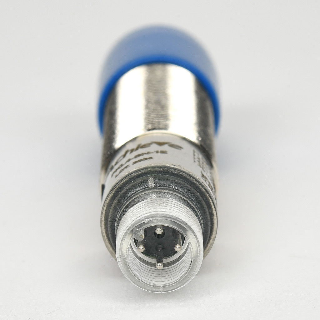 AchieVe photoelectric sensor, tubular, threaded, diffuse, Class 1 red laser, 0-300mm sensing distance, complementary light-on/dark-on, NPN, teach-in button, 1 kHz switching frequency, nickel-plated brass housing, 4-pin M12 quick-disconnect.-FKL4-BN-1E