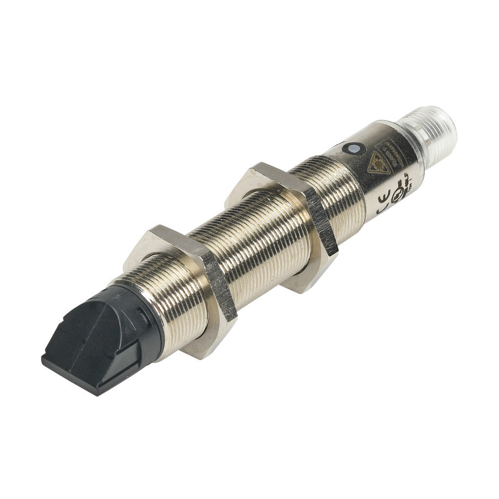 AchieVe photoelectric sensor, tubular, threaded, diffuse, 90-degree, Class 1 red laser, 0-200mm sensing distance, complementary light-on/dark-on, NPN, 1 kHz switching frequency, teach-in button, nickel-plated brass housing, 4-pin M12 quick-disconnect.-FKL4-BN-3E