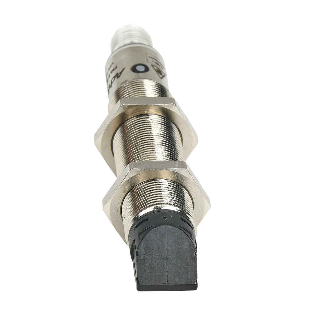 AchieVe photoelectric sensor, tubular, threaded, diffuse, 90-degree, Class 1 red laser, 0-200mm sensing distance, complementary light-on/dark-on, NPN, 1 kHz switching frequency, teach-in button, nickel-plated brass housing, 4-pin M12 quick-disconnect.-FKL4-BN-3E