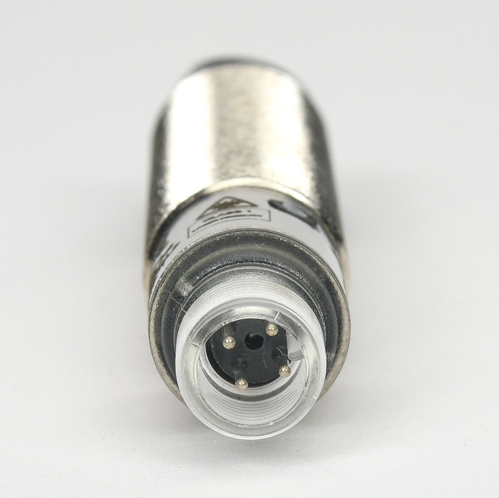AchieVe photoelectric sensor, tubular, threaded, diffuse, 90-degree, Class 1 red laser, 0-200mm sensing distance, complementary light-on/dark-on, NPN, 1 kHz switching frequency, teach-in button, nickel-plated brass housing, 4-pin M12 quick-disconnect.-FKL4-BN-3E