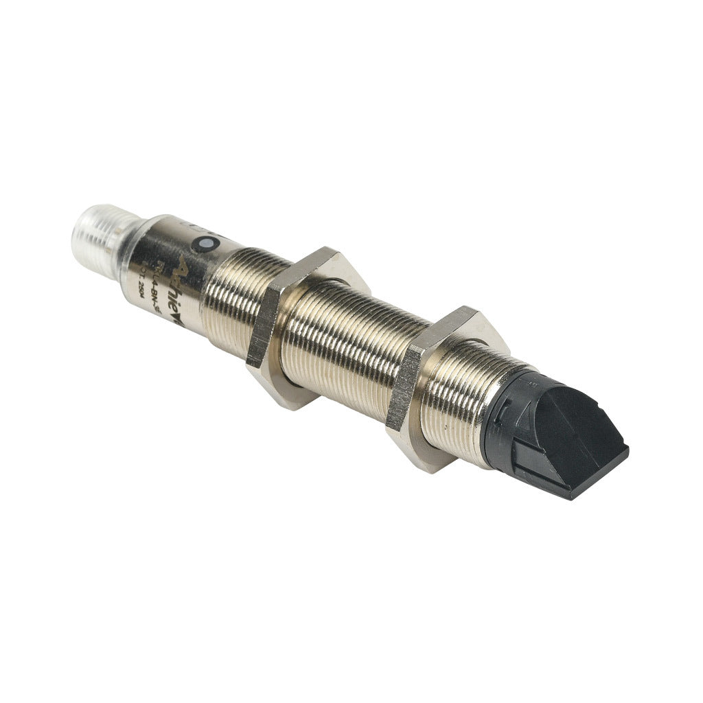 AchieVe photoelectric sensor, tubular, threaded, diffuse, 90-degree, Class 1 red laser, 0-200mm sensing distance, complementary light-on/dark-on, NPN, 1 kHz switching frequency, teach-in button, nickel-plated brass housing, 4-pin M12 quick-disconnect.-FKL4-BN-3E