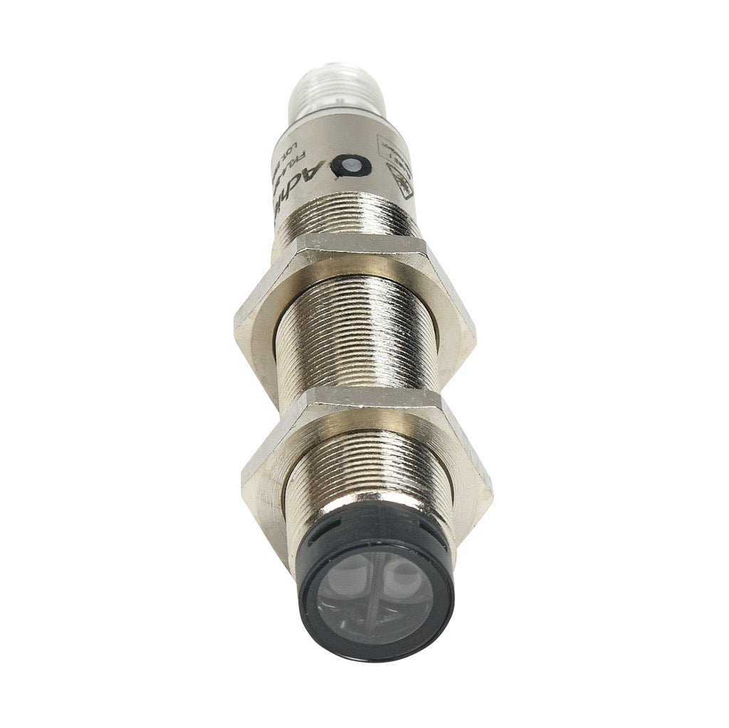 AchieVe photoelectric sensor, tubular, threaded, diffuse, Class 1 red laser, 0-300mm sensing distance, complementary light-on/dark-on, PNP, teach-in button, 1 kHz switching frequency, nickel-plated brass housing, 4-pin M12 quick-disconnect.-FKL4-BP-1E