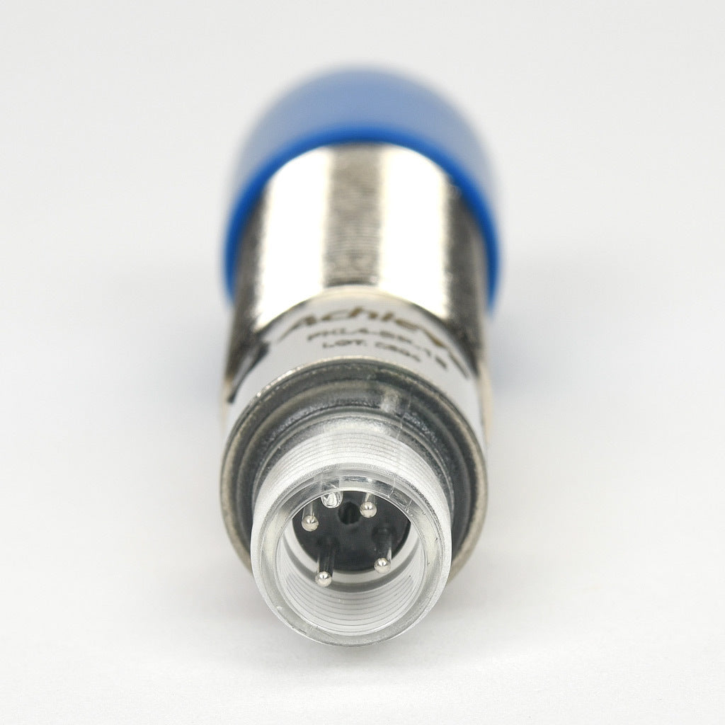 AchieVe photoelectric sensor, tubular, threaded, diffuse, Class 1 red laser, 0-300mm sensing distance, complementary light-on/dark-on, PNP, teach-in button, 1 kHz switching frequency, nickel-plated brass housing, 4-pin M12 quick-disconnect.-FKL4-BP-1E