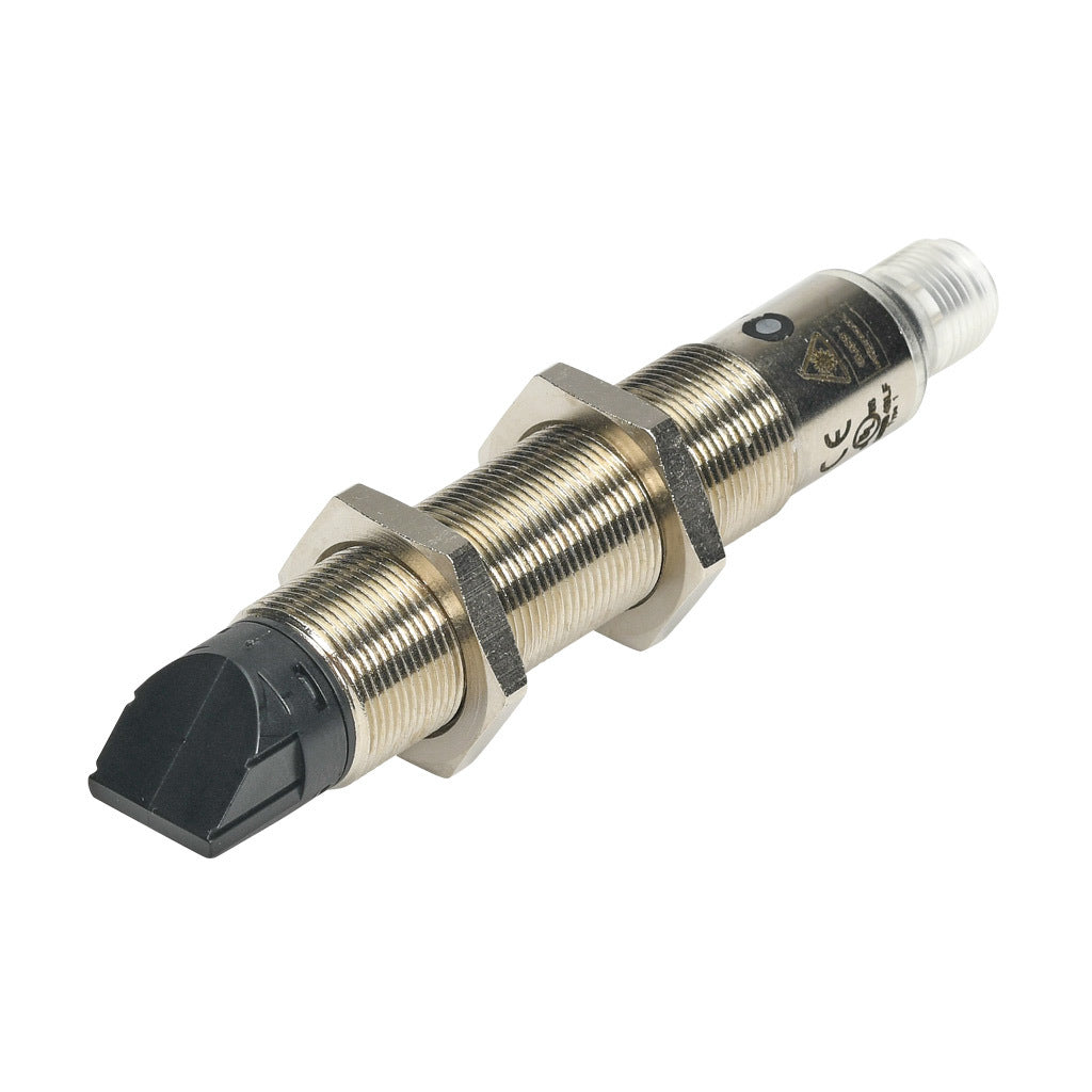 AchieVe photoelectric sensor, tubular, threaded, diffuse, 90-degree, Class 1 red laser, 0-200mm sensing distance, complementary light-on/dark-on, PNP, 1 kHz switching frequency, teach-in button, nickel-plated brass housing, 4-pin M12 quick-disconnect.-FKL4-BP-3E