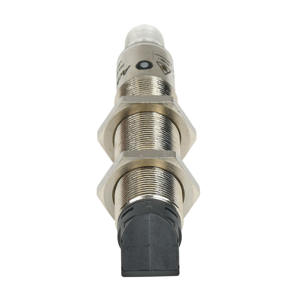 AchieVe photoelectric sensor, tubular, threaded, diffuse, 90-degree, Class 1 red laser, 0-200mm sensing distance, complementary light-on/dark-on, PNP, 1 kHz switching frequency, teach-in button, nickel-plated brass housing, 4-pin M12 quick-disconnect.-FKL4-BP-3E