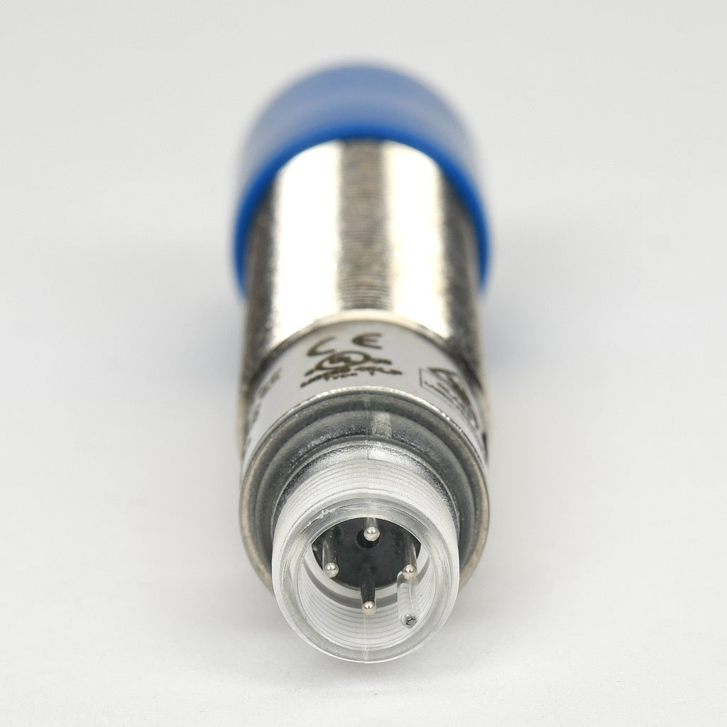 AchieVe photoelectric sensor, tubular, threaded, diffuse, 90-degree, Class 1 red laser, 0-200mm sensing distance, complementary light-on/dark-on, PNP, 1 kHz switching frequency, teach-in button, nickel-plated brass housing, 4-pin M12 quick-disconnect.-FKL4-BP-3E