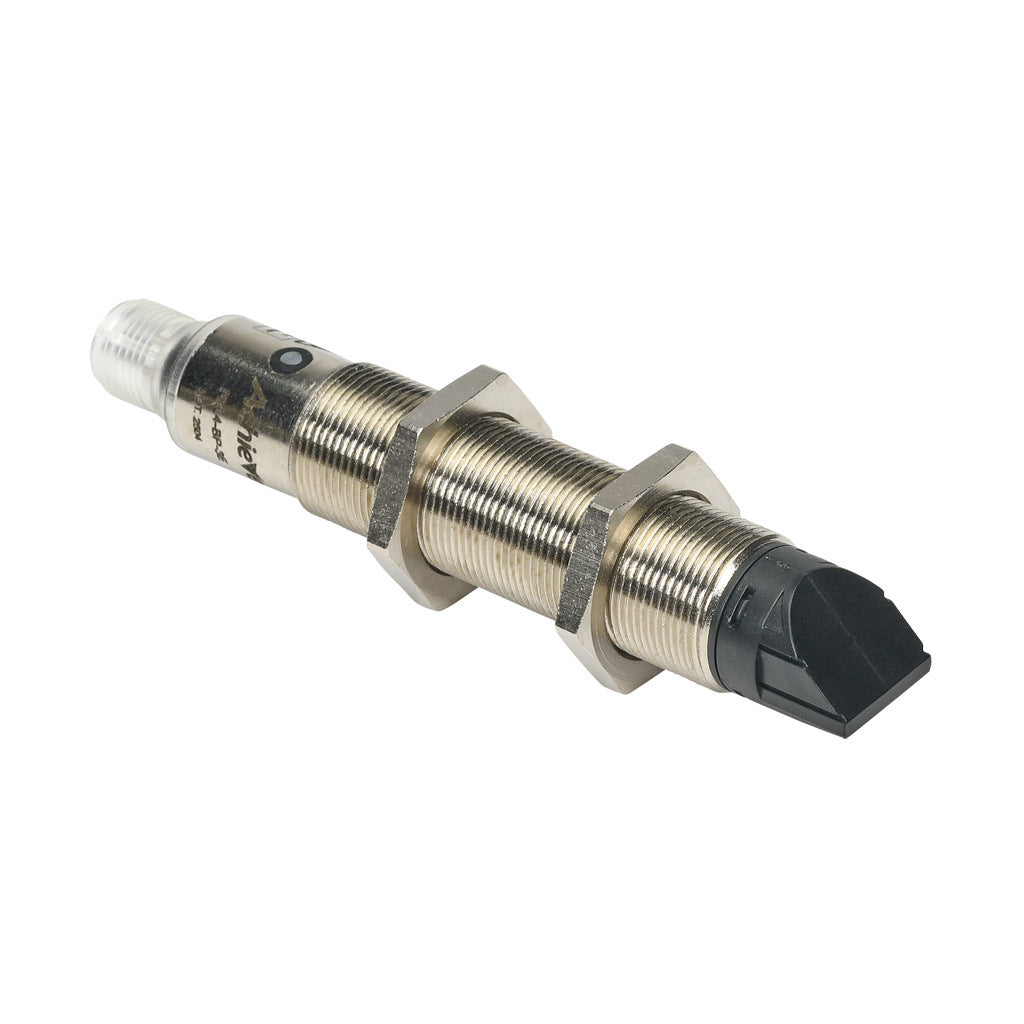 AchieVe photoelectric sensor, tubular, threaded, diffuse, 90-degree, Class 1 red laser, 0-200mm sensing distance, complementary light-on/dark-on, PNP, 1 kHz switching frequency, teach-in button, nickel-plated brass housing, 4-pin M12 quick-disconnect.-FKL4-BP-3E