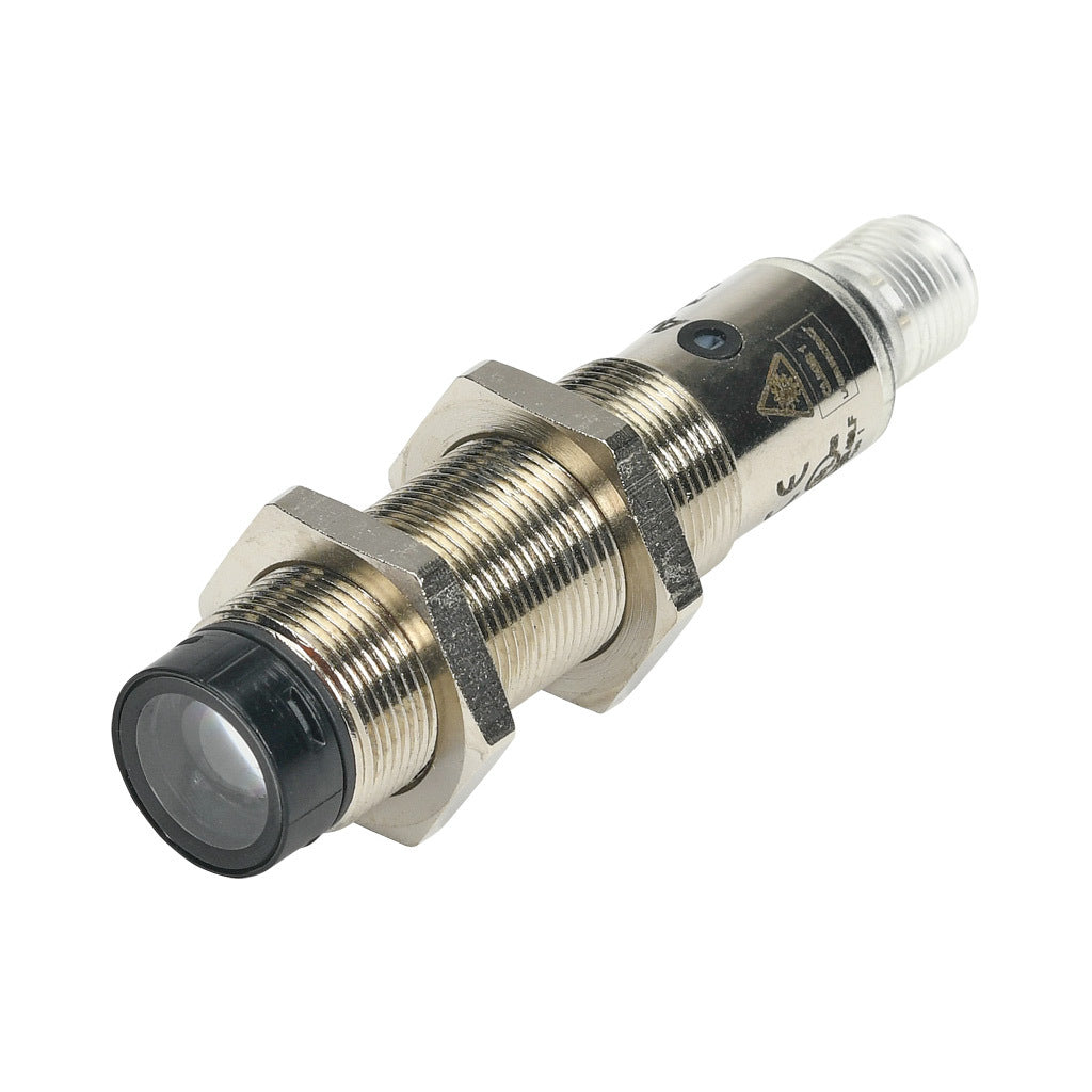 AchieVe photoelectric sensor, tubular, threaded, nickel-plated brass housing, through-beam receiver, 0.05-50m sensing distance, 10-30 VDC operating voltage, complementary light-on/dark-on, NPN, 4-wire, 4-pin M12 quick-disconnect.-FKLD-BN-1E