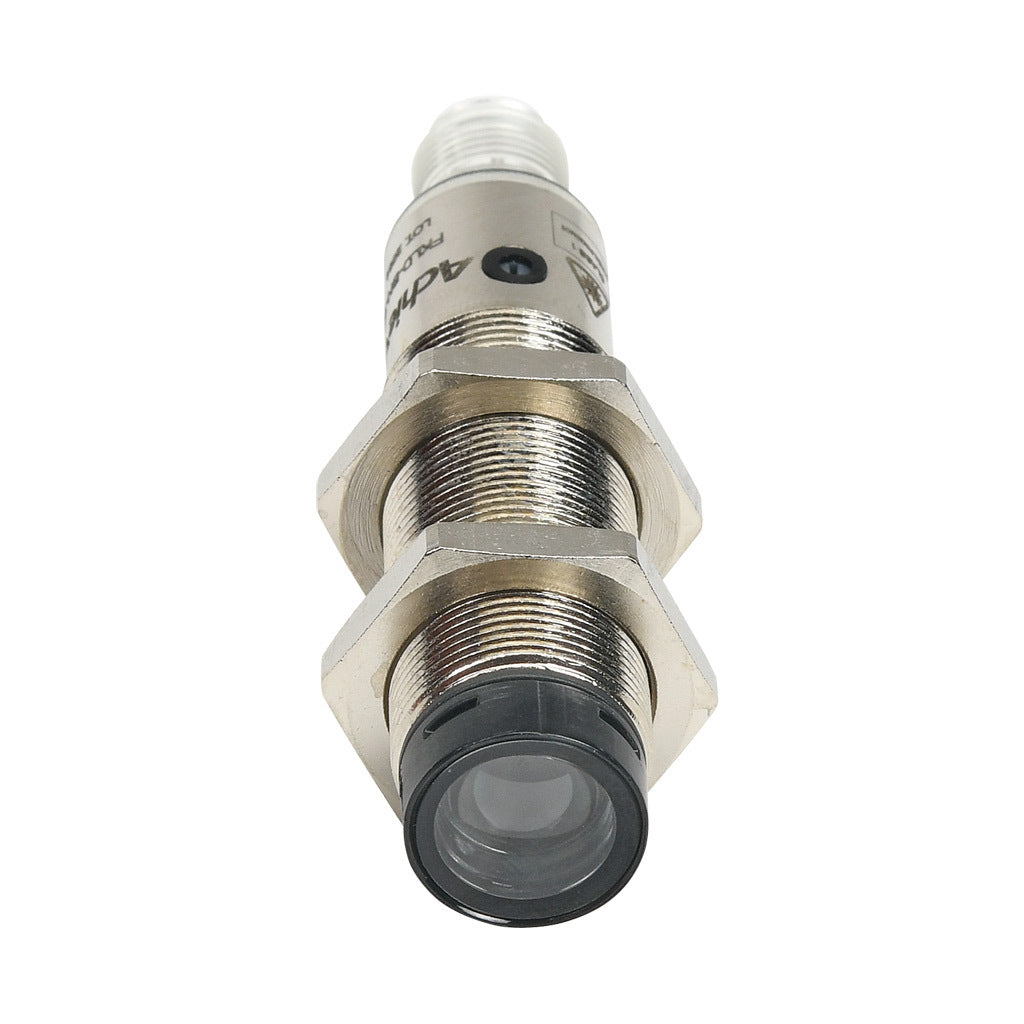 AchieVe photoelectric sensor, tubular, threaded, nickel-plated brass housing, through-beam receiver, 0.05-50m sensing distance, 10-30 VDC operating voltage, complementary light-on/dark-on, NPN, 4-wire, 4-pin M12 quick-disconnect.-FKLD-BN-1E