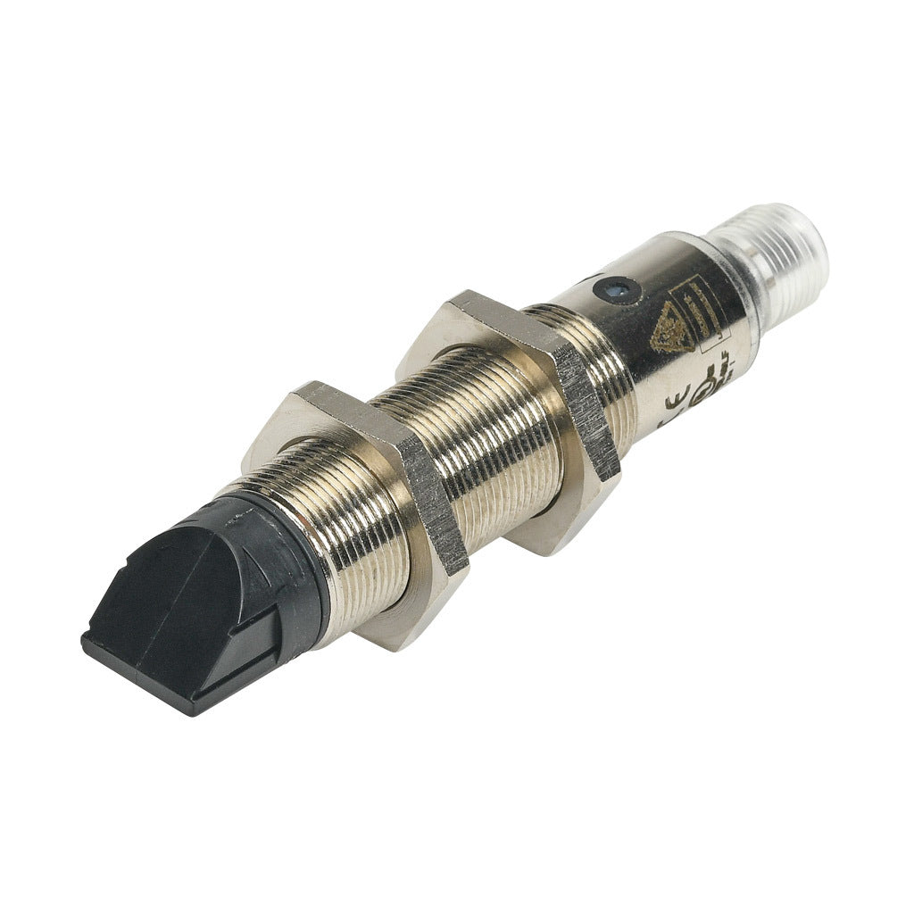 AchieVe photoelectric sensor, tubular, threaded, nickel-plated brass housing, through-beam receiver, 90-degree, 0.05-50m sensing distance, 10-30 VDC operating voltage, complementary light-on/dark-on, NPN, 4-wire, 4-pin M12 quick-disconnect.-FKLD-BN-3E