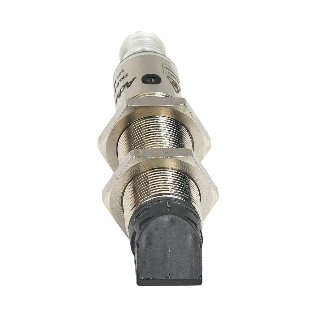 AchieVe photoelectric sensor, tubular, threaded, nickel-plated brass housing, through-beam receiver, 90-degree, 0.05-50m sensing distance, 10-30 VDC operating voltage, complementary light-on/dark-on, NPN, 4-wire, 4-pin M12 quick-disconnect.-FKLD-BN-3E