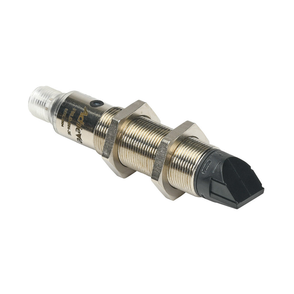 AchieVe photoelectric sensor, tubular, threaded, nickel-plated brass housing, through-beam receiver, 90-degree, 0.05-50m sensing distance, 10-30 VDC operating voltage, complementary light-on/dark-on, NPN, 4-wire, 4-pin M12 quick-disconnect.-FKLD-BN-3E
