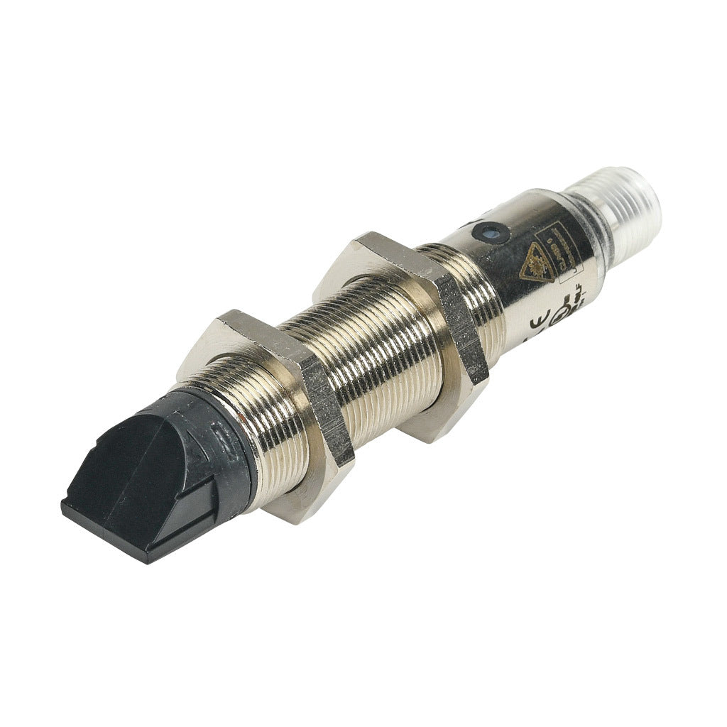 AchieVe photoelectric sensor, tubular, threaded, nickel-plated brass housing, through-beam receiver, 90-degree, 0.05-50m sensing distance, 10-30 VDC operating voltage, complementary light-on/dark-on, PNP, 4-wire, 4-pin M12 quick-disconnect.-FKLD-BP-3E
