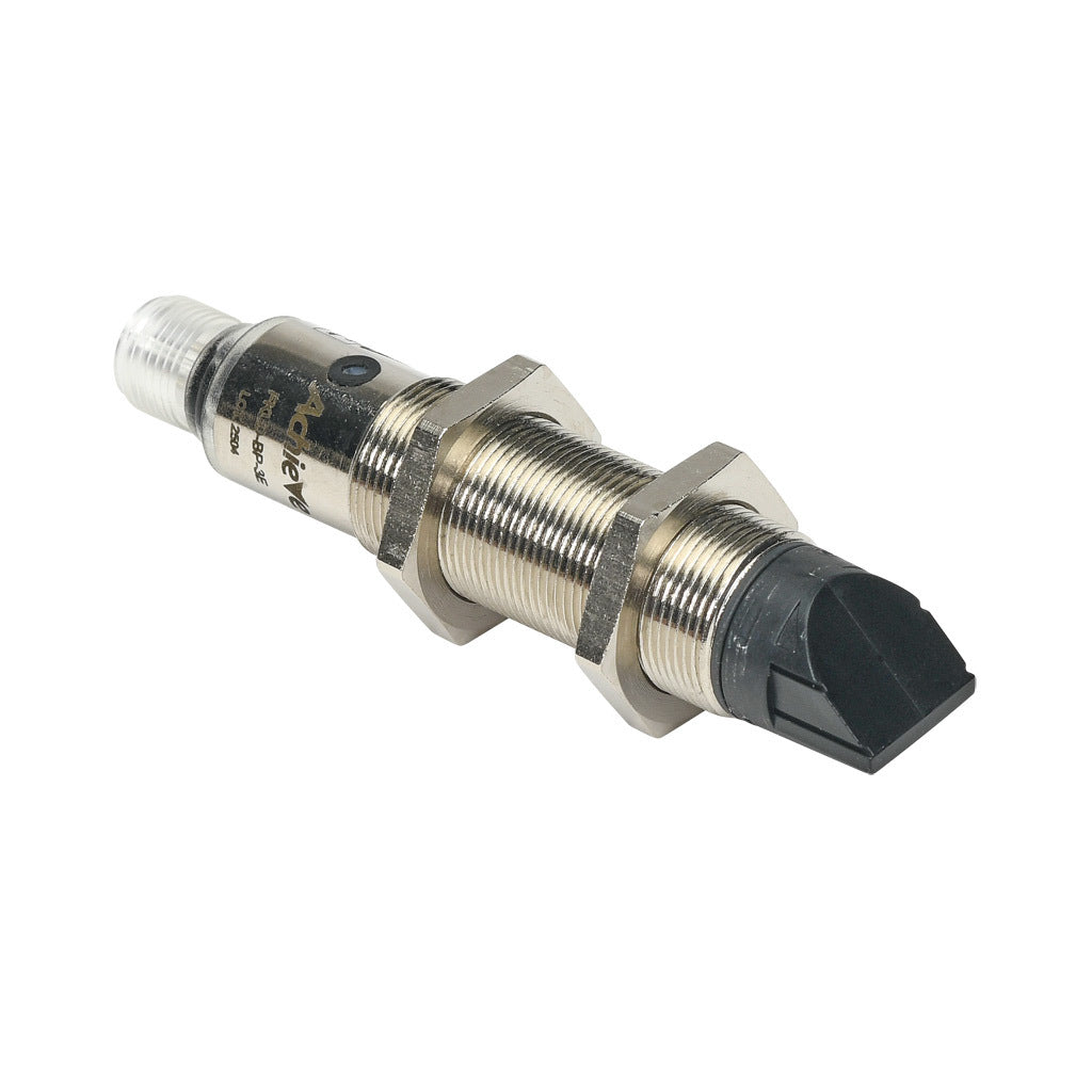 AchieVe photoelectric sensor, tubular, threaded, nickel-plated brass housing, through-beam receiver, 90-degree, 0.05-50m sensing distance, 10-30 VDC operating voltage, complementary light-on/dark-on, PNP, 4-wire, 4-pin M12 quick-disconnect.-FKLD-BP-3E