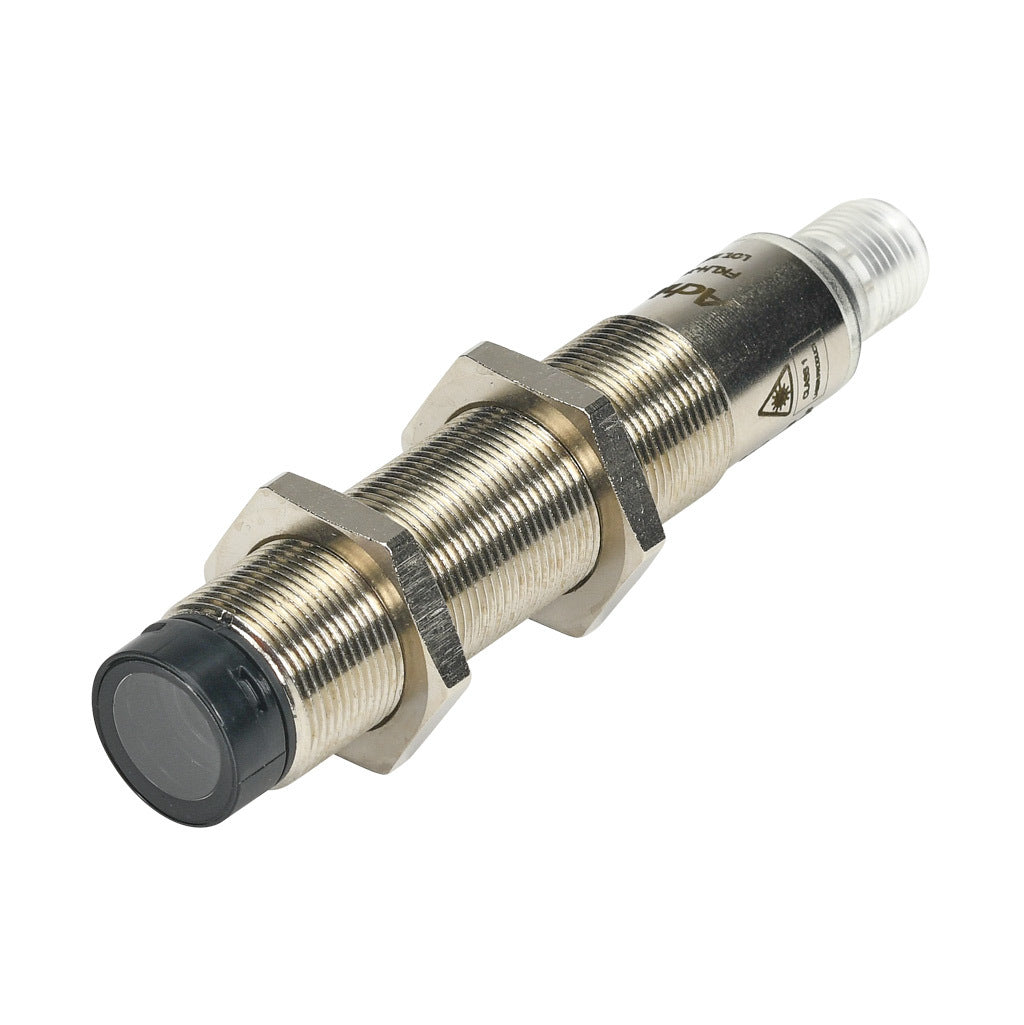AchieVe photoelectric sensor, tubular, threaded, nickel-plated brass housing, through-beam emitter, Class 1 red laser, 0.05-50m sensing distance, 10-30 VDC operating voltage, 3-wire, 4-pin M12 quick-disconnect.-FKLH-X0-1E