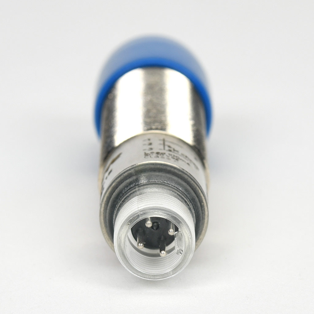 AchieVe photoelectric sensor, tubular, threaded, nickel-plated brass housing, through-beam emitter, Class 1 red laser, 0.05-50m sensing distance, 10-30 VDC operating voltage, 3-wire, 4-pin M12 quick-disconnect.-FKLH-X0-1E