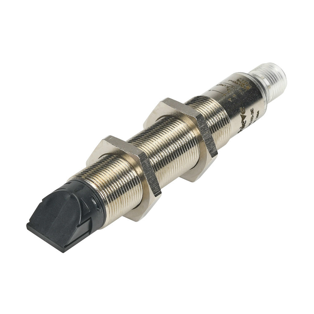 AchieVe photoelectric sensor, tubular, threaded, nickel-plated brass housing, through-beam emitter, 90-degree, Class 1 red laser, 0.05-50m sensing distance, 10-30 VDC operating voltage, 3-wire, 4-pin M12 quick-disconnect.-FKLH-X0-3E