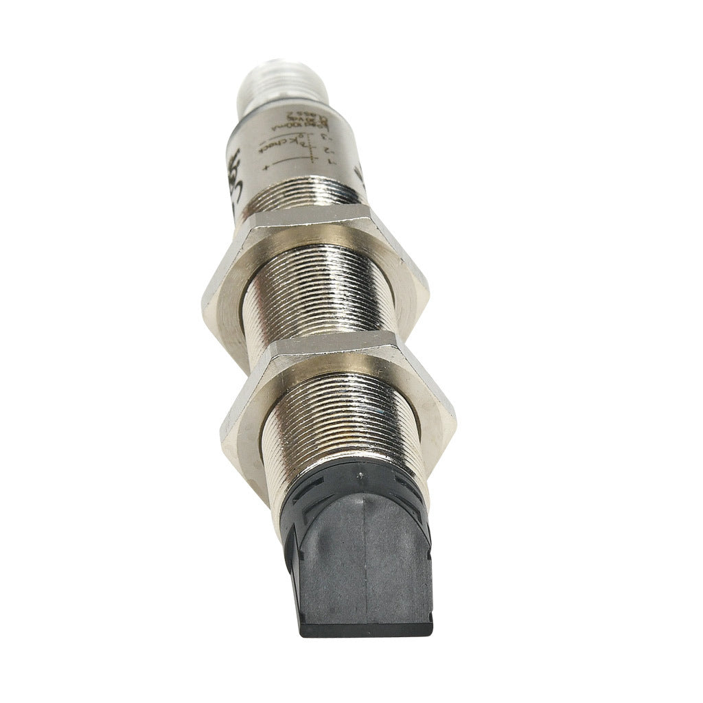 AchieVe photoelectric sensor, tubular, threaded, nickel-plated brass housing, through-beam emitter, 90-degree, Class 1 red laser, 0.05-50m sensing distance, 10-30 VDC operating voltage, 3-wire, 4-pin M12 quick-disconnect.-FKLH-X0-3E
