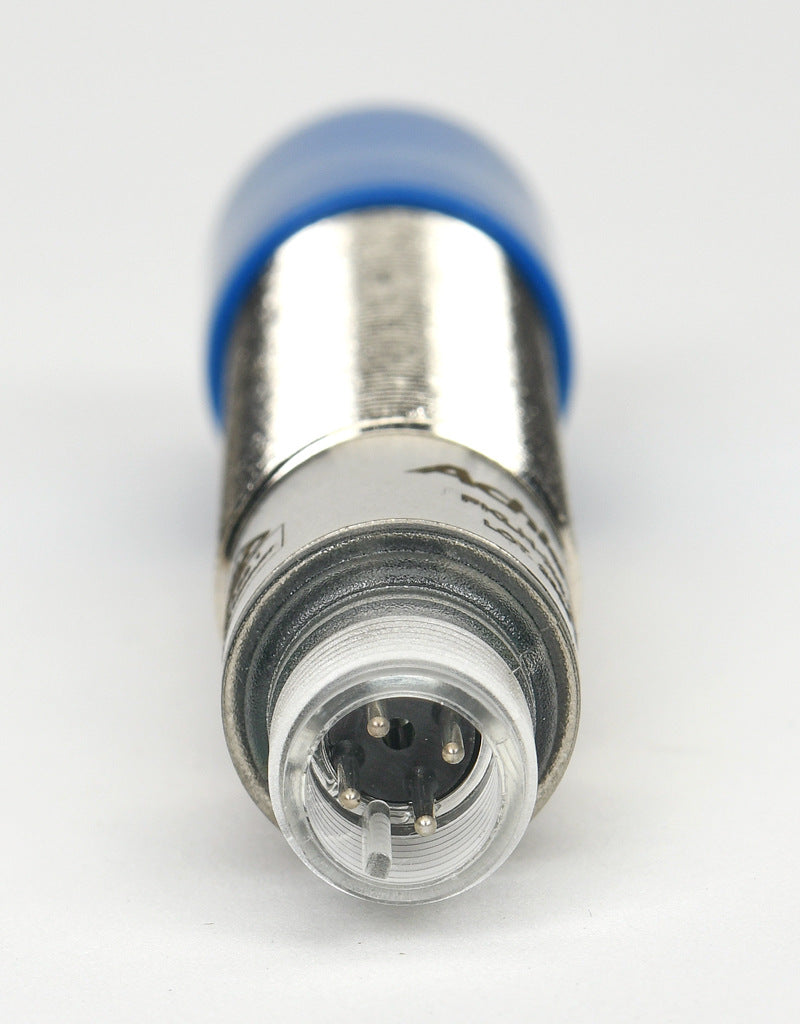 AchieVe photoelectric sensor, tubular, threaded, nickel-plated brass housing, through-beam emitter, 90-degree, Class 1 red laser, 0.05-50m sensing distance, 10-30 VDC operating voltage, 3-wire, 4-pin M12 quick-disconnect.-FKLH-X0-3E