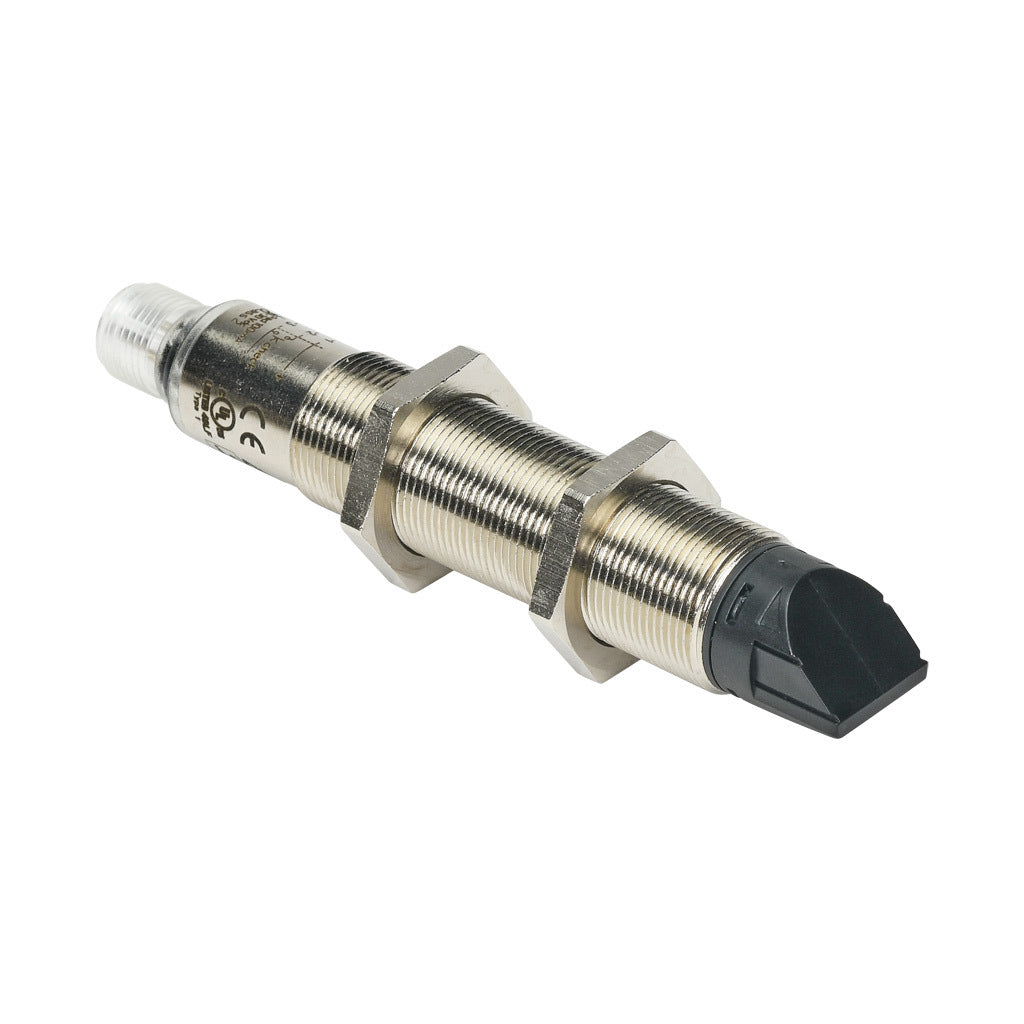 AchieVe photoelectric sensor, tubular, threaded, nickel-plated brass housing, through-beam emitter, 90-degree, Class 1 red laser, 0.05-50m sensing distance, 10-30 VDC operating voltage, 3-wire, 4-pin M12 quick-disconnect.-FKLH-X0-3E