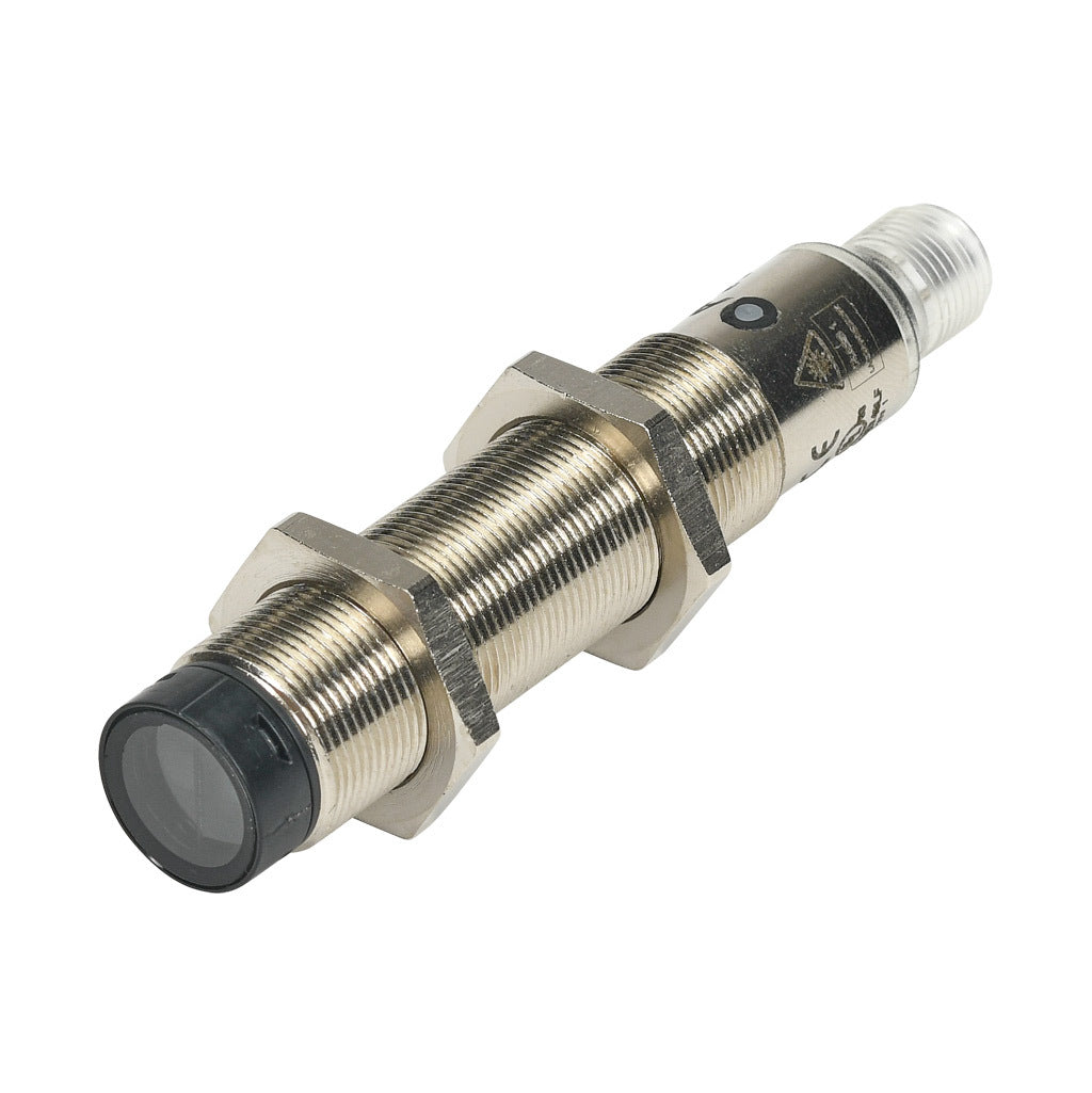 AchieVe photoelectric sensor, tubular, threaded, polarized retroreflective, Class 1 red laser, 0.05-30m sensing distance, complementary light-on/dark-on, NPN, teach-in button, 4-wire, 4-pin M12 quick-disconnect.-FKLN-BN-1E