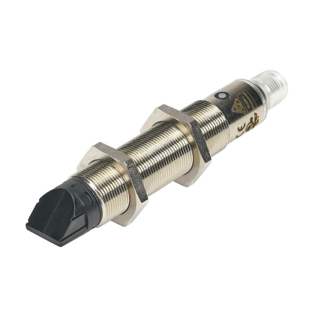 AchieVe photoelectric sensor, tubular, threaded, polarized retroreflective, 90-degree, Class 1 red laser, 0.05-30m sensing distance, complementary light-on/dark-on, NPN, teach-in button, 4-wire, 4-pin M12 quick-disconnect.-FKLN-BN-3E