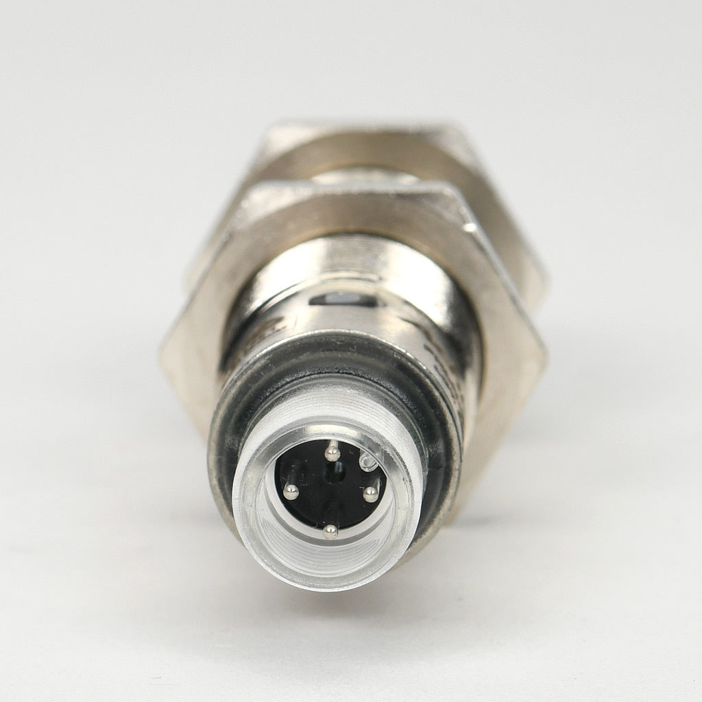 AchieVe photoelectric sensor, tubular, threaded, polarized retroreflective, 90-degree, Class 1 red laser, 0.05-30m sensing distance, complementary light-on/dark-on, NPN, teach-in button, 4-wire, 4-pin M12 quick-disconnect.-FKLN-BN-3E