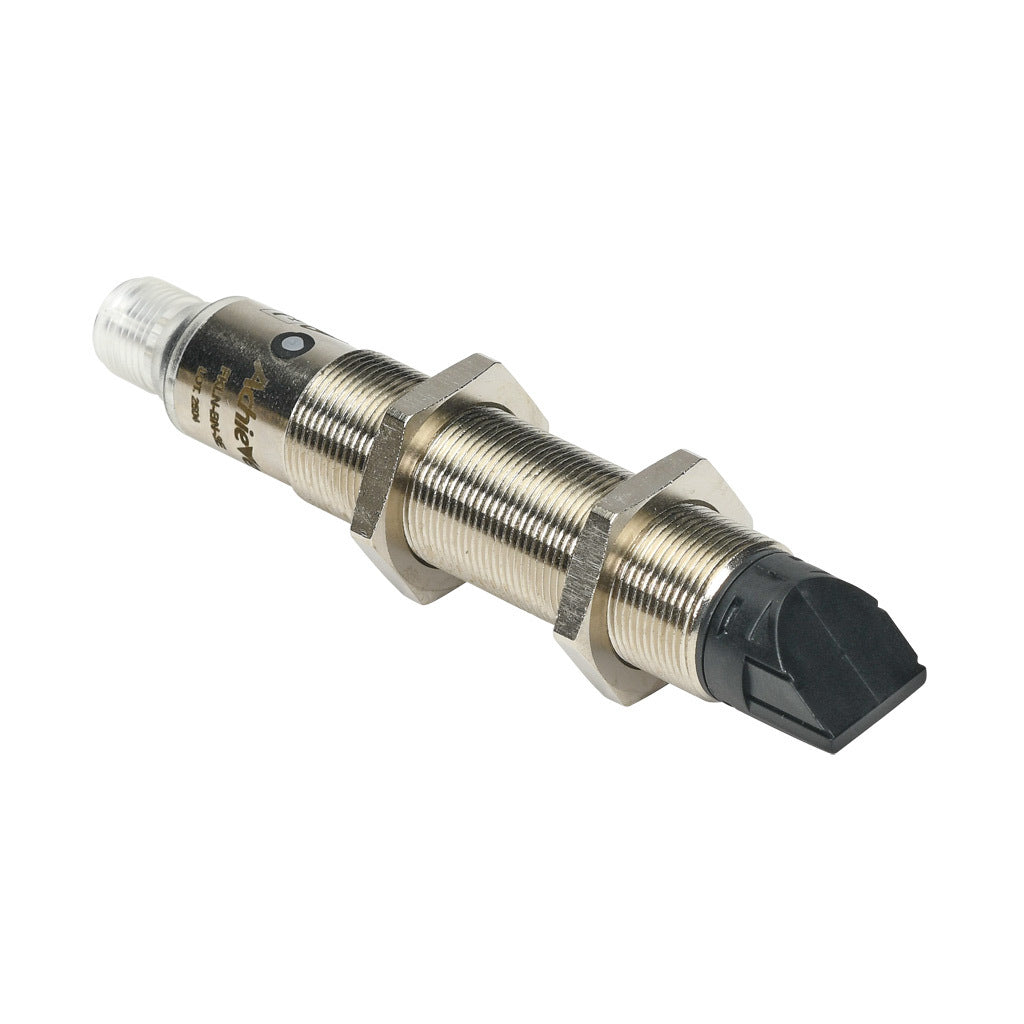 AchieVe photoelectric sensor, tubular, threaded, polarized retroreflective, 90-degree, Class 1 red laser, 0.05-30m sensing distance, complementary light-on/dark-on, NPN, teach-in button, 4-wire, 4-pin M12 quick-disconnect.-FKLN-BN-3E