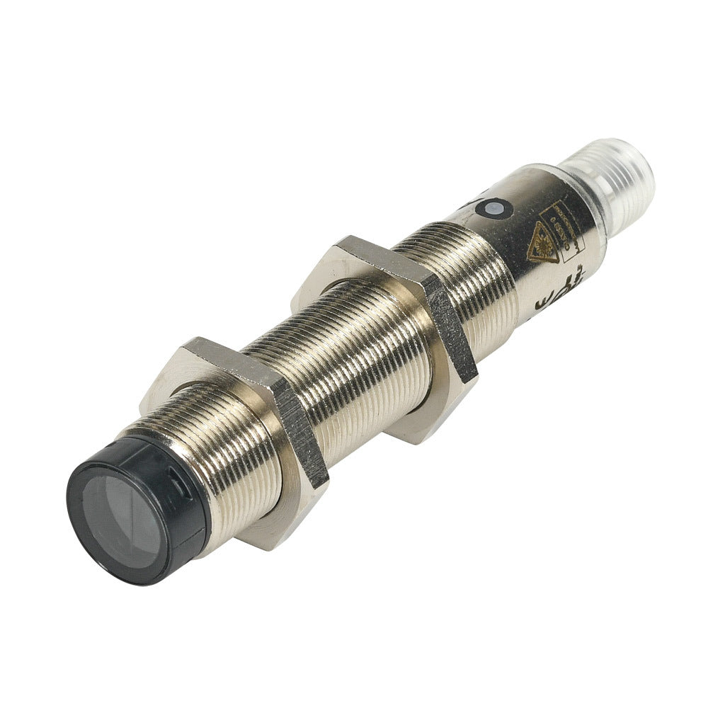 AchieVe photoelectric sensor, tubular, threaded, polarized retroreflective, Class 1 red laser, 0.05-30m sensing distance, complementary light-on/dark-on, PNP, teach-in button, 4-wire, 4-pin M12 quick-disconnect.-FKLN-BP-1E