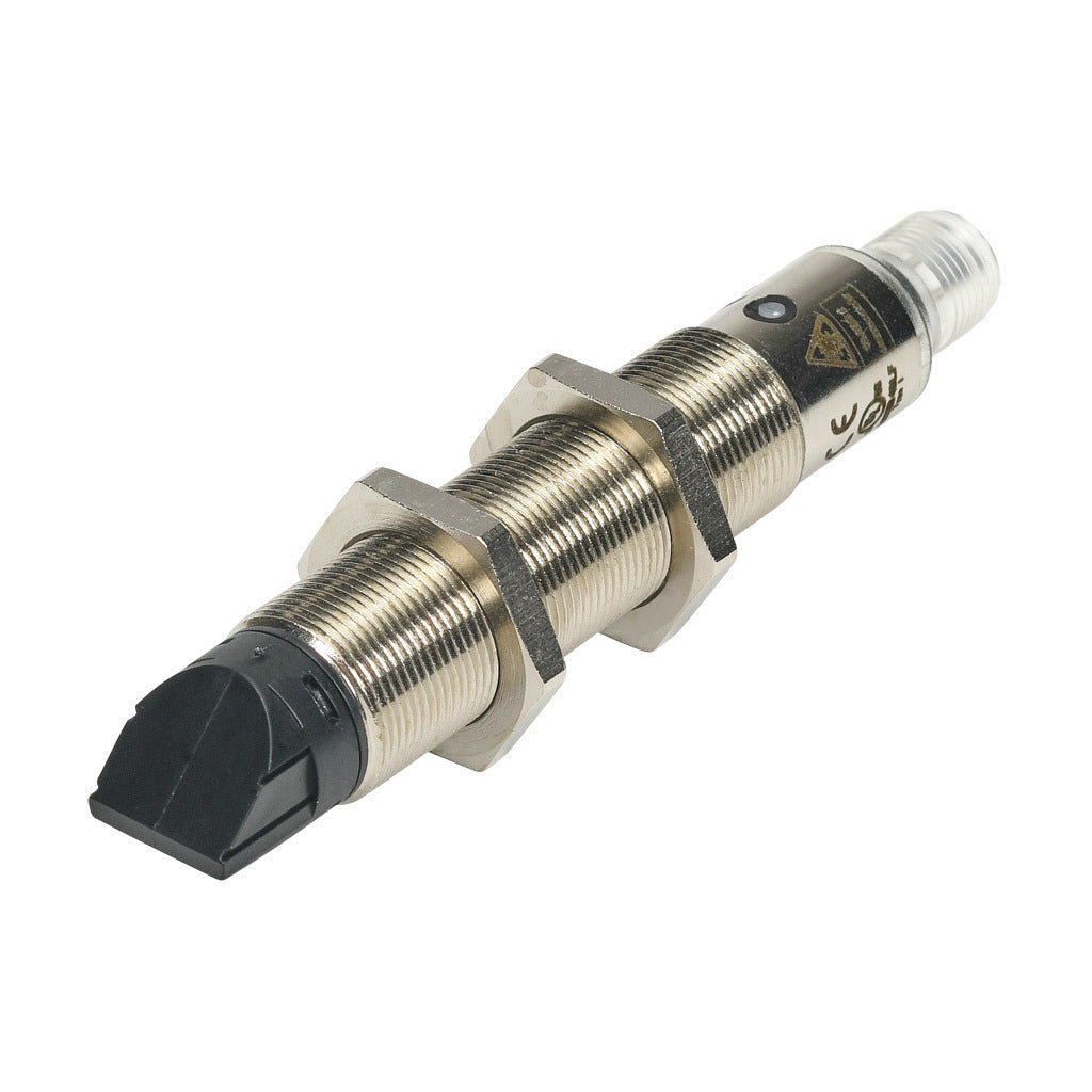 AchieVe photoelectric sensor, tubular, threaded, polarized retroreflective, 90-degree, Class 1 red laser, 0.05-30m sensing distance, complementary light-on/dark-on, PNP, teach-in button, 4-wire, 4-pin M12 quick-disconnect.-FKLN-BP-3E