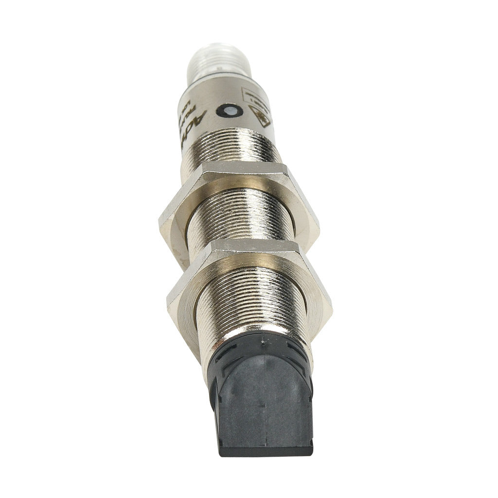 AchieVe photoelectric sensor, tubular, threaded, polarized retroreflective, 90-degree, Class 1 red laser, 0.05-30m sensing distance, complementary light-on/dark-on, PNP, teach-in button, 4-wire, 4-pin M12 quick-disconnect.-FKLN-BP-3E