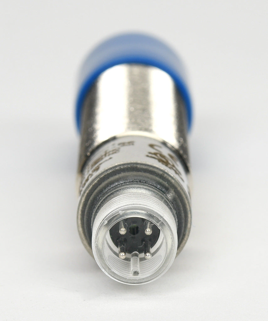 AchieVe photoelectric sensor, tubular, threaded, polarized retroreflective, 90-degree, Class 1 red laser, 0.05-30m sensing distance, complementary light-on/dark-on, PNP, teach-in button, 4-wire, 4-pin M12 quick-disconnect.-FKLN-BP-3E
