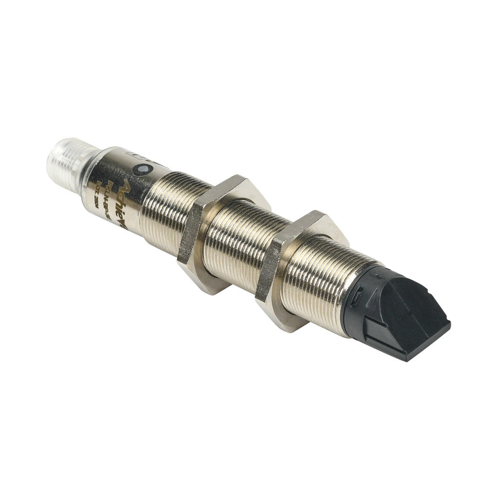 AchieVe photoelectric sensor, tubular, threaded, polarized retroreflective, 90-degree, Class 1 red laser, 0.05-30m sensing distance, complementary light-on/dark-on, PNP, teach-in button, 4-wire, 4-pin M12 quick-disconnect.-FKLN-BP-3E