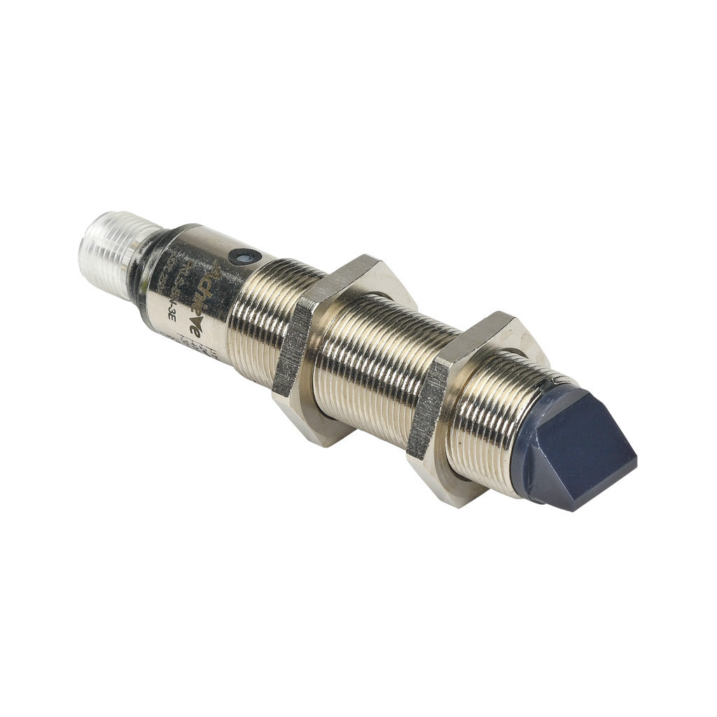 AchieVe photoelectric sensor, tubular, threaded, diffuse with background suppression, 90-degree, 30-80mm sensing distance, complementary light-on/dark-on, NPN, potentiometer, 1.5 kHz switching frequency, 4-pin M12 quick-disconnect.-FKLS-BN-3E