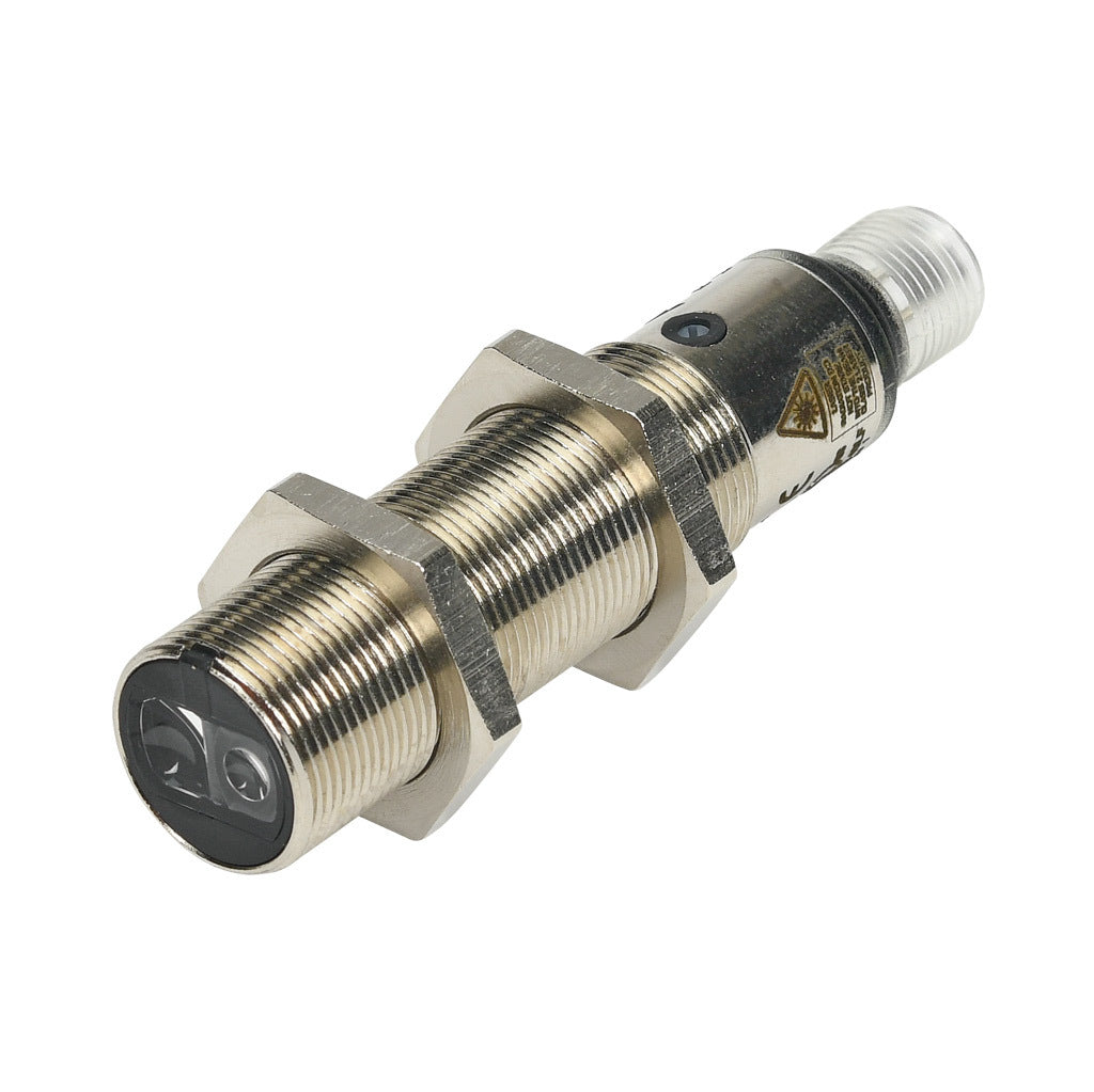 AchieVe photoelectric sensor, tubular, threaded, diffuse with background suppression, 30-150mm sensing distance, complementary light-on/dark-on, NPN, potentiometer, 1.5 kHz switching frequency, 4-pin M12 quick-disconnect.-FKLW-BN-1E