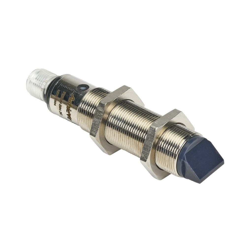 AchieVe photoelectric sensor, tubular, threaded, diffuse with background suppression, 90-degree, 30-130mm sensing distance, complementary light-on/dark-on, NPN, potentiometer, 1.5 kHz switching frequency, 4-pin M12 quick-disconnect.-FKLW-BN-3E
