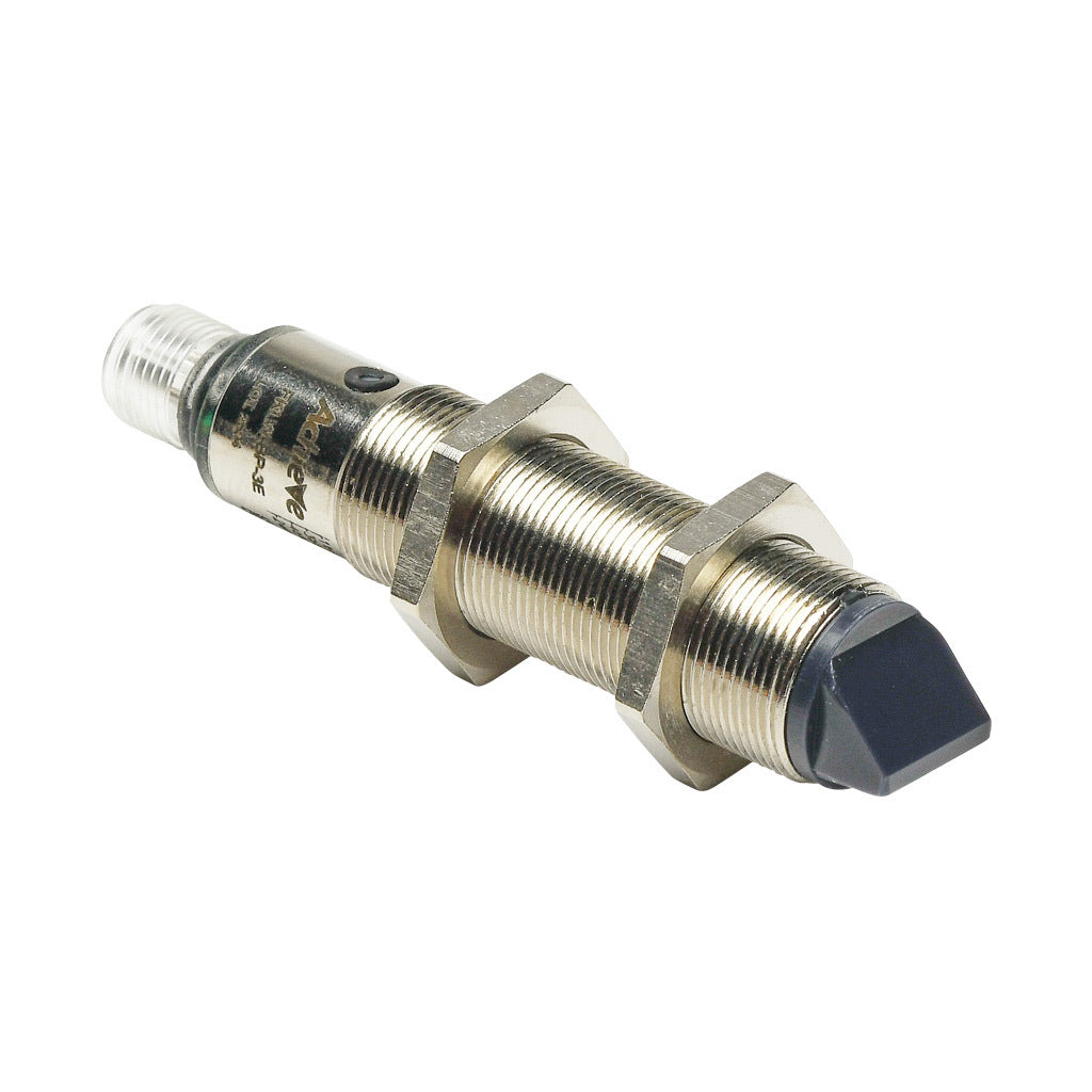 AchieVe photoelectric sensor, tubular, threaded, diffuse with background suppression, 90-degree, 30-130mm sensing distance, complementary light-on/dark-on, PNP, potentiometer, 1.5 kHz switching frequency, 4-pin M12 quick-disconnect.-FKLW-BP-3E