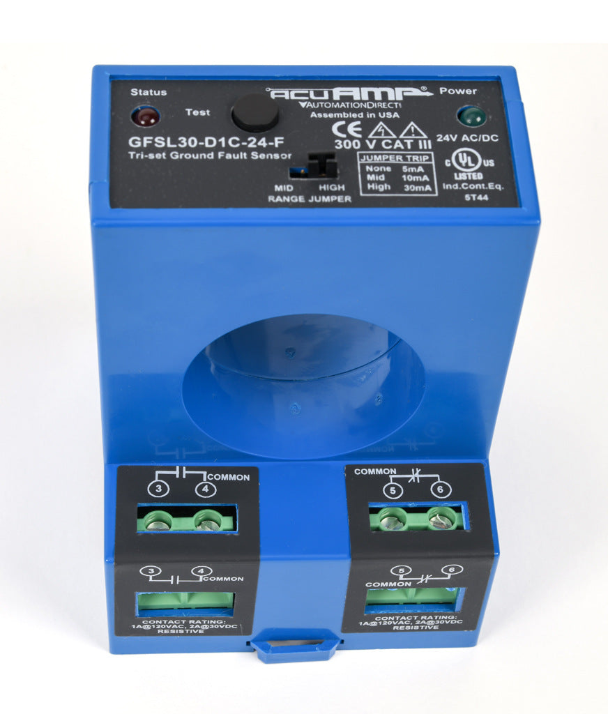 AcuAMP ground fault sensor, large aperture fixed core, 5, 10, or 30 mA selectable trip point, relay, SPDT normally de-energized, automatic reset output, 24 VAC/VDC operating voltage.-GFSL30-D1C-24-F