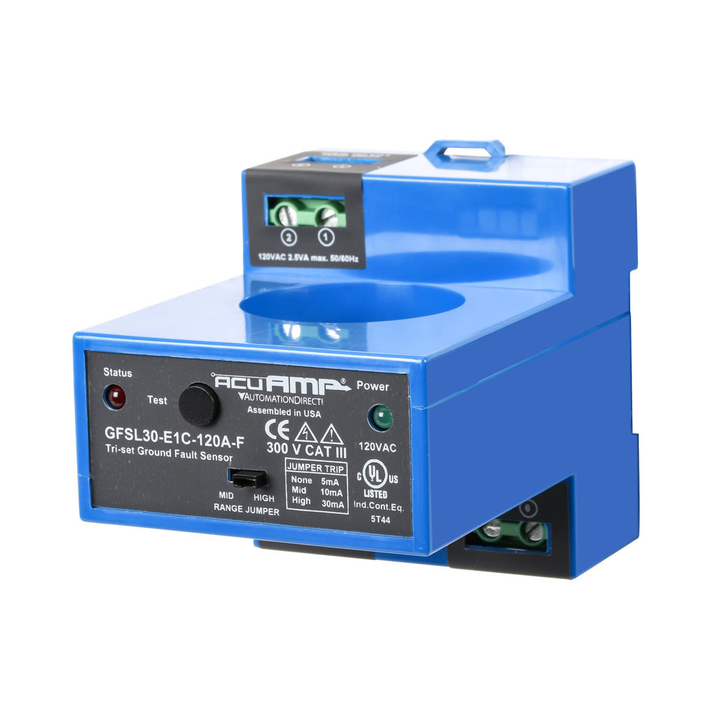 AcuAMP ground fault sensor, large aperture fixed core, 5, 10, or 30 mA selectable trip point, relay, SPDT normally energized, automatic reset output, 120 VAC operating voltage.-GFSL30-E1C-120A-F