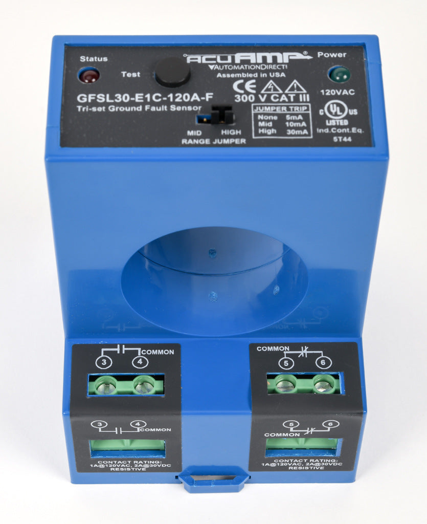 AcuAMP ground fault sensor, large aperture fixed core, 5, 10, or 30 mA selectable trip point, relay, SPDT normally energized, automatic reset output, 120 VAC operating voltage.-GFSL30-E1C-120A-F