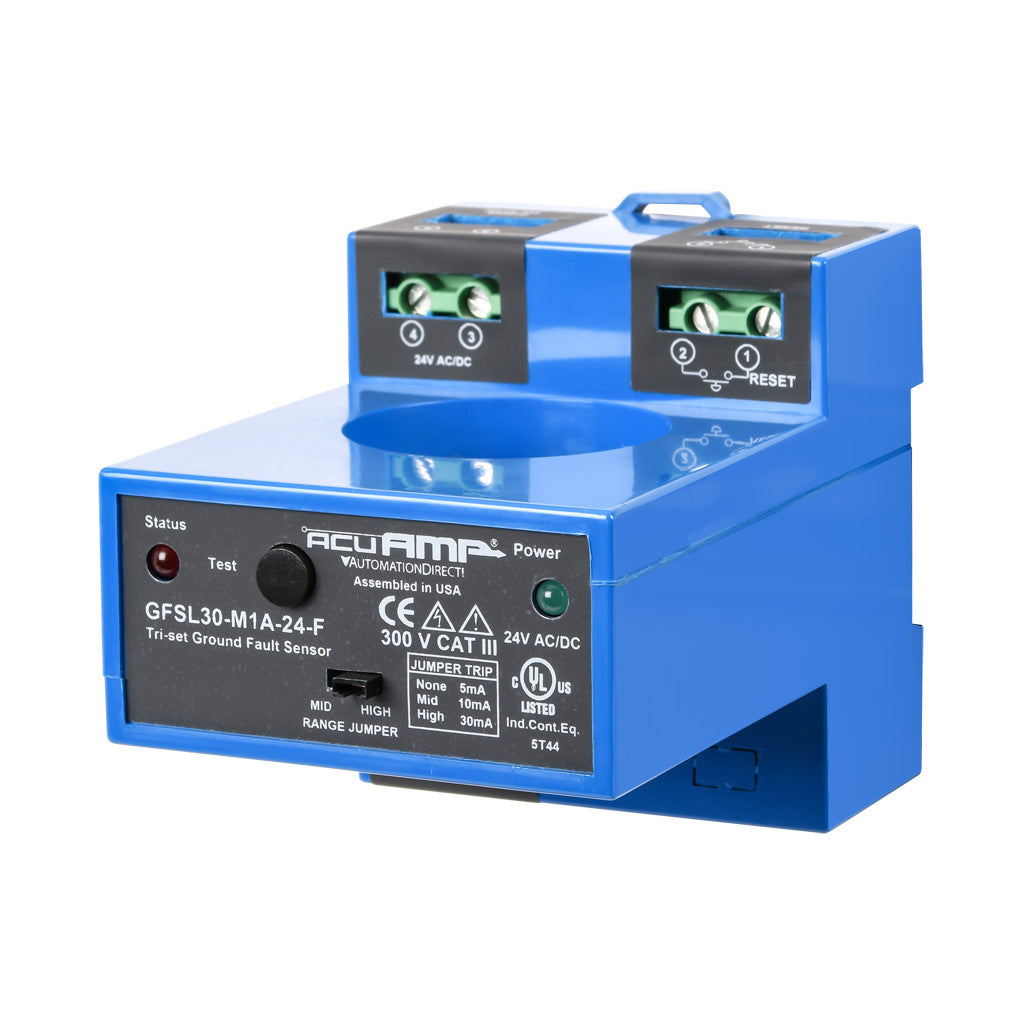 AcuAMP ground fault sensor, large aperture fixed core, 5, 10, or 30 mA selectable trip point, relay, SPST-N.O., manual reset output, 24 VAC/VDC operating voltage.-GFSL30-M1A-24-F