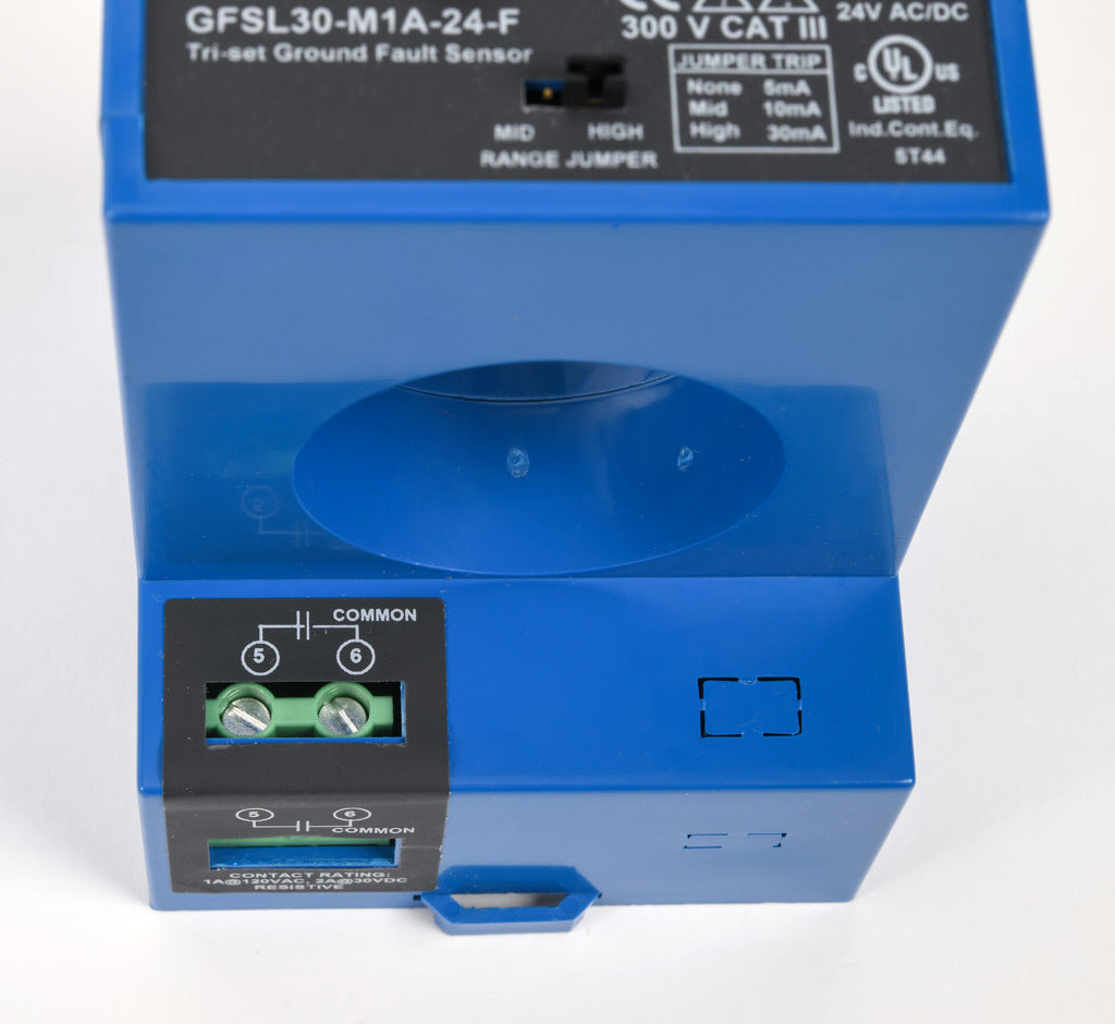 AcuAMP ground fault sensor, large aperture fixed core, 5, 10, or 30 mA selectable trip point, relay, SPST-N.O., manual reset output, 24 VAC/VDC operating voltage.-GFSL30-M1A-24-F