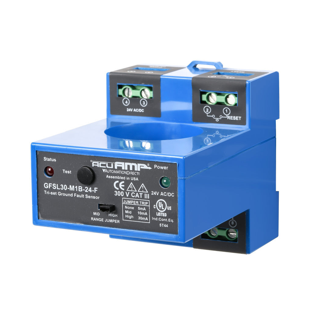 AcuAMP ground fault sensor, large aperture fixed core, 5, 10, or 30 mA selectable trip point, relay, SPST-N.C., manual reset output, 24 VAC/VDC operating voltage.-GFSL30-M1B-24-F