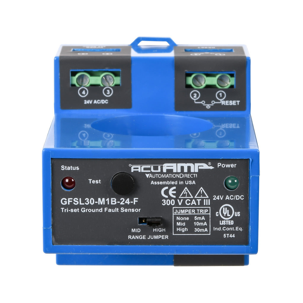 AcuAMP ground fault sensor, large aperture fixed core, 5, 10, or 30 mA selectable trip point, relay, SPST-N.C., manual reset output, 24 VAC/VDC operating voltage.-GFSL30-M1B-24-F