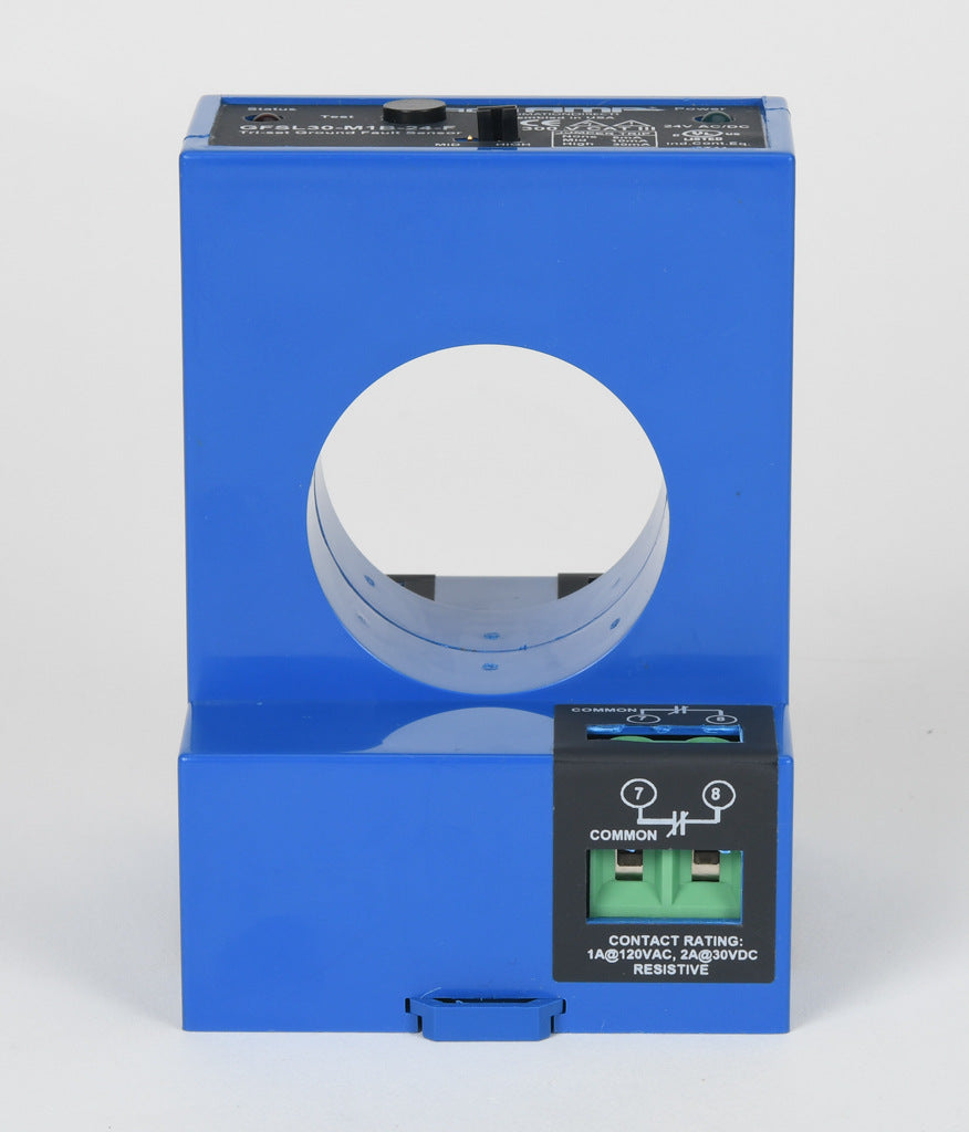 AcuAMP ground fault sensor, large aperture fixed core, 5, 10, or 30 mA selectable trip point, relay, SPST-N.C., manual reset output, 24 VAC/VDC operating voltage.-GFSL30-M1B-24-F