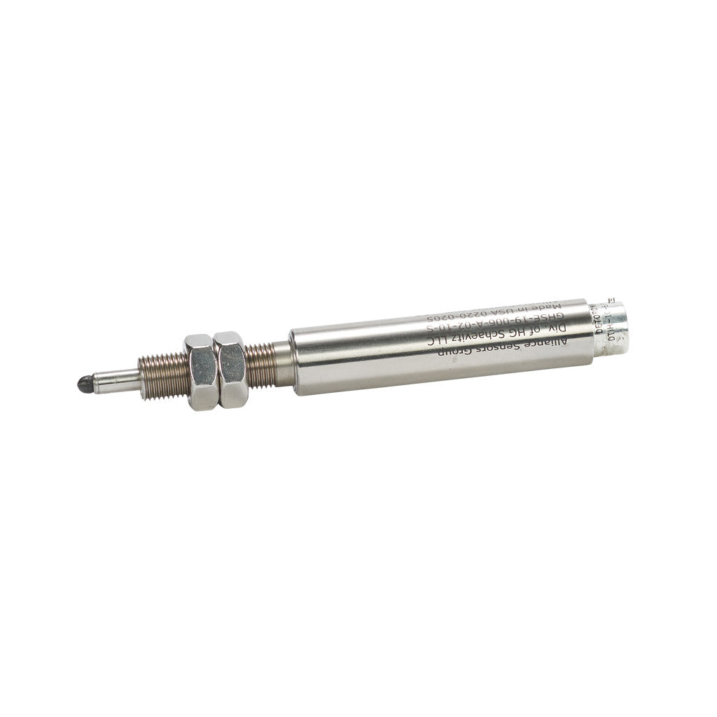 Alliance Sensors inductive linear position sensor, spring loaded slide, 6.4mm stroke, 0-10 VDC output, 19mm diameter x 82.6mm body, 1/2-20 UNF mount, 6-pin PT0.-GHSE19-006A-02-10S
