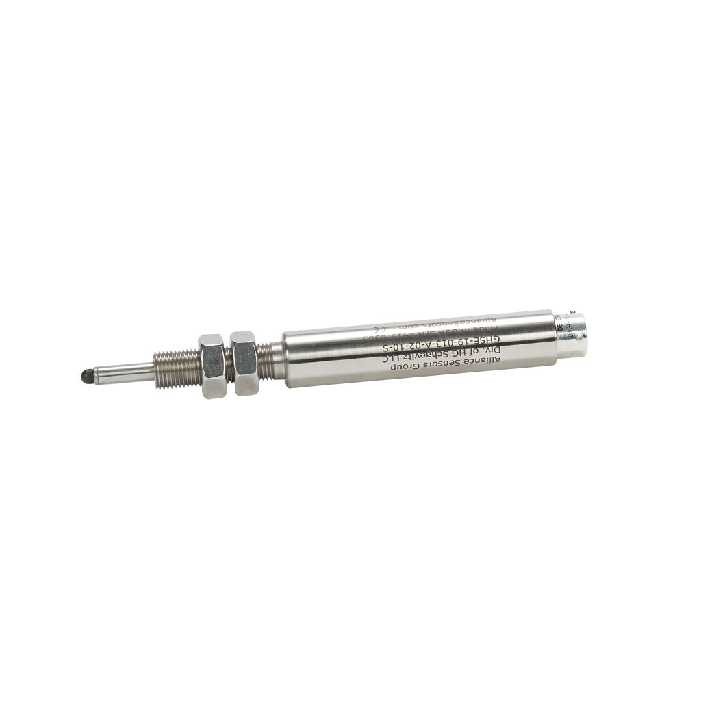 Alliance Sensors inductive linear position sensor, spring loaded slide, 13mm stroke, 0-10 VDC output, 19mm diameter x 88.9mm body, 1/2-20 UNF mount, 6-pin PT0.-GHSE19-013A-02-10S