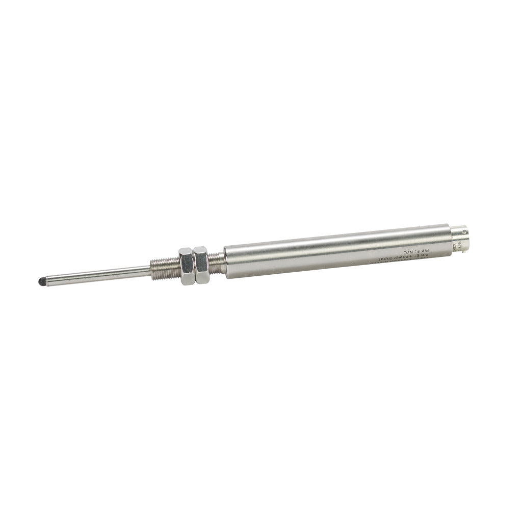 Alliance Sensors inductive linear position sensor, spring loaded slide, 50mm stroke, 0-10 VDC output, 19mm diameter x 129.0mm body, 1/2-20 UNF mount, 6-pin PT0.-GHSE19-050A-02-10S