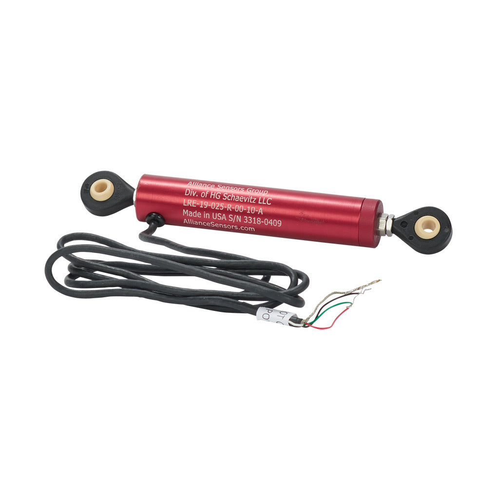Alliance Sensors inductive linear position sensor, pivoting slide, 25mm stroke, 0-10 VDC output, 19mm diameter x 90.5mm body, rod eyes mount, pigtail, 3.2ft/1m cable length.-LRE19-025R-00-10A